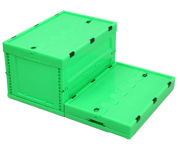 带盖绿色600-340折叠箱可折叠周转箱新料折叠箱绿色果蔬生鲜配送大号折叠箱厂家