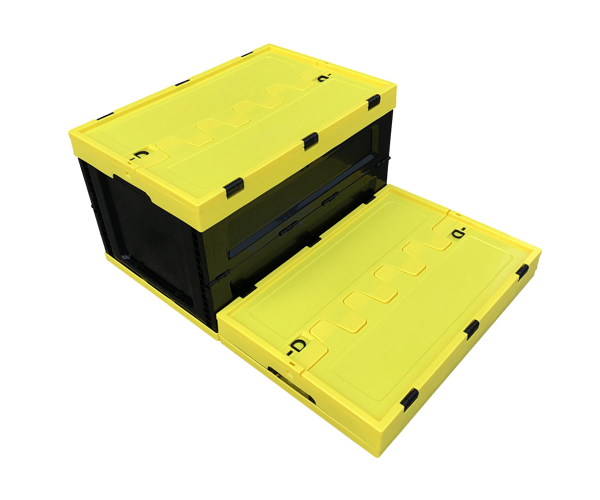 带盖黄黑配600-340折叠箱塑料箱可折叠箱子可折叠塑料箱黄色PP新料折叠式塑料周转箱厂家